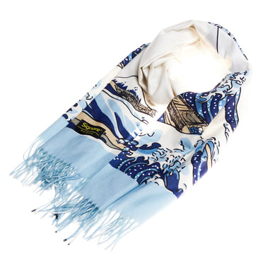 Hokusai Wave Scarf – Eco-Friendly Recycled Pashmina Wrap
